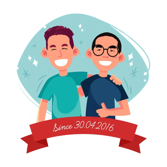 Illustration of Richie and Andrew, arms round each other, with a ribbon reading Since 30.04.2016